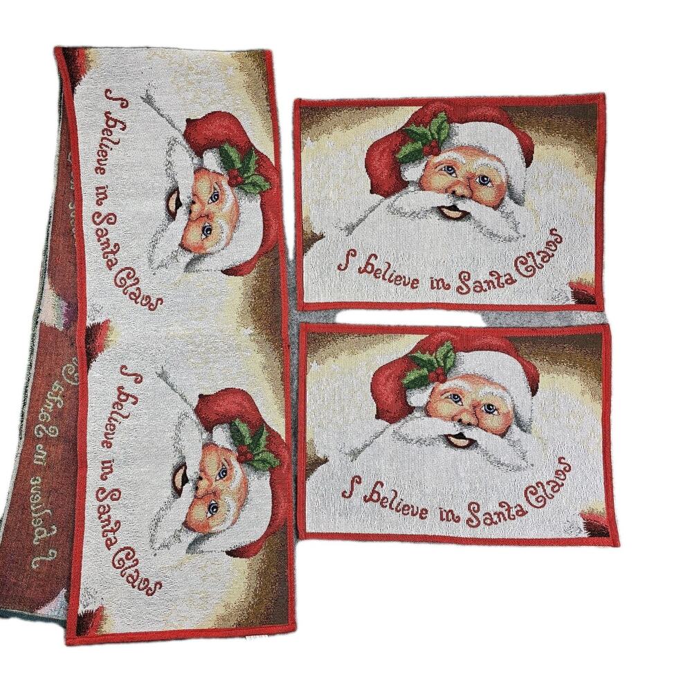 Christmas Placemat Table Runner Set I Believe In Santa Claus Tapestry Style 3pcs